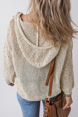 image-Jet Stream Hollow-out Kangaroo Pocket V Neck Hooded Sweater