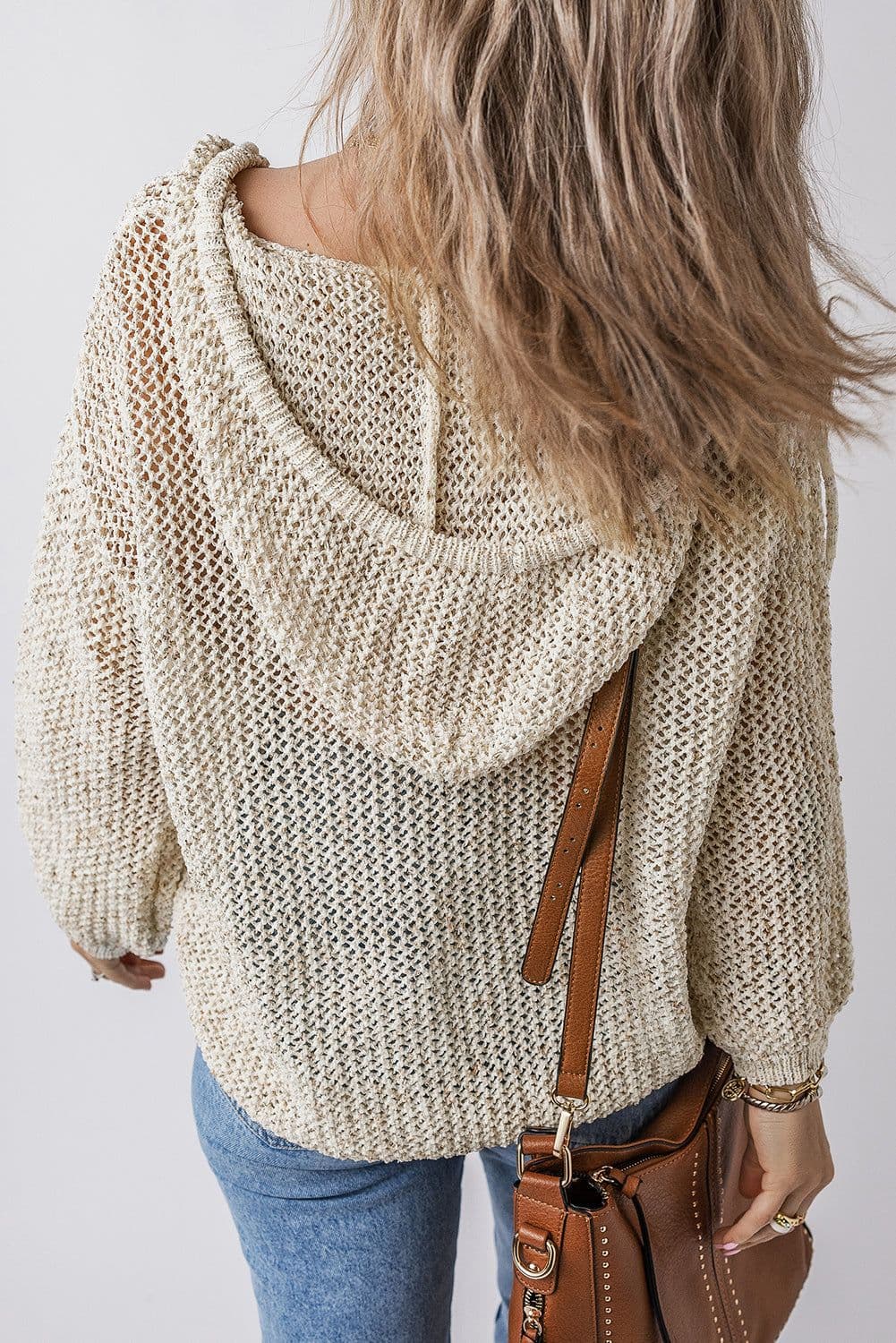 image-Jet Stream Hollow-out Kangaroo Pocket V Neck Hooded Sweater