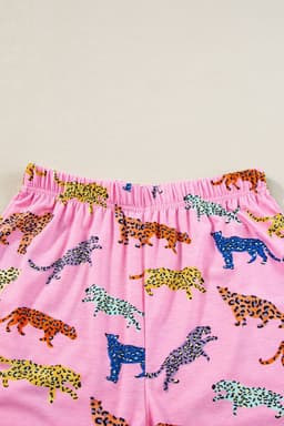 image-Pink Flower Print Short Sleeve High Waist Two Piece Shorts Set
