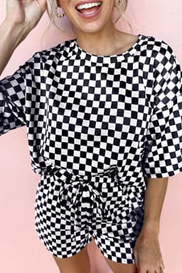 image-Black Checkered 2-Piece Set - Loose Tee and Shorts Casual Outfits