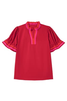 image-Fiery Red Striped Ruffled Blouse - Short Sleeve