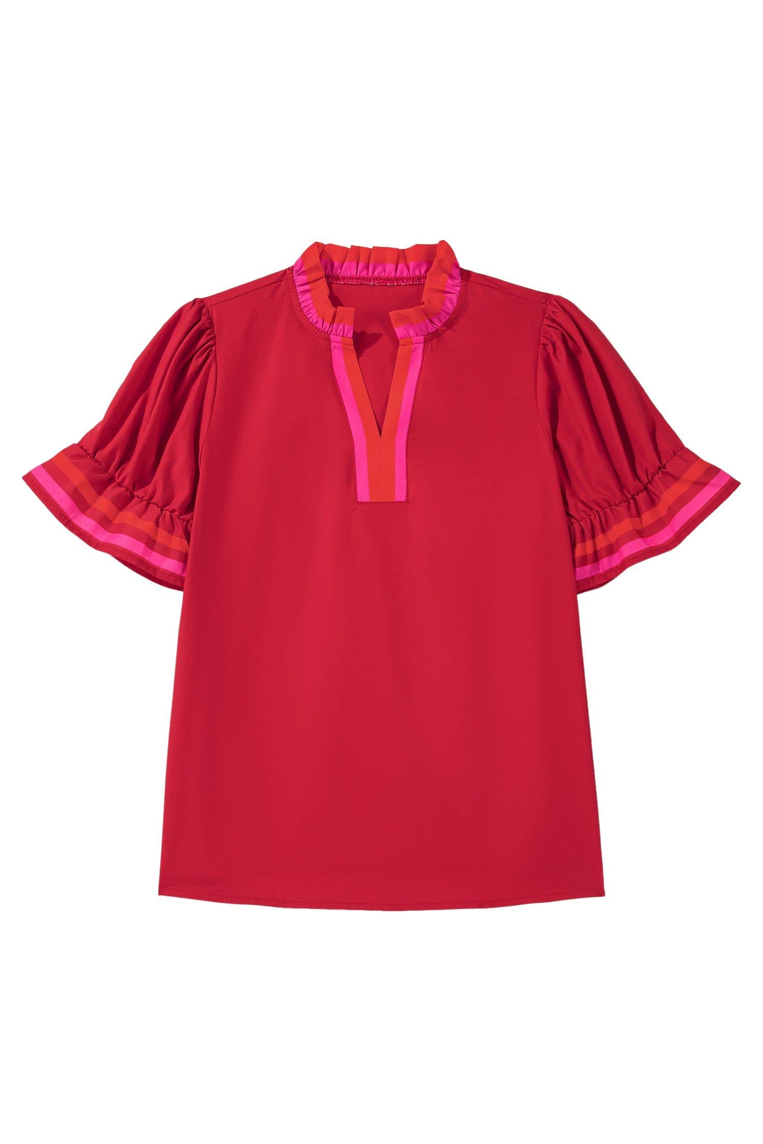 image-Fiery Red Striped Ruffled Blouse - Short Sleeve