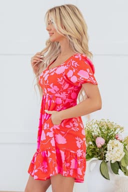 image-Floral Ruffled Bubble Sleeve Sweetheart Neck Mini Dress - Red