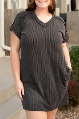 image-Carbon Grey Corded V Neck Plus Size T Shirt Dress