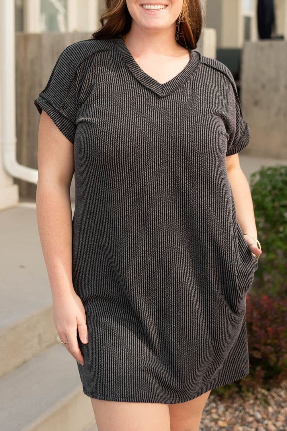 image-Carbon Grey Corded V Neck Plus Size T Shirt Dress