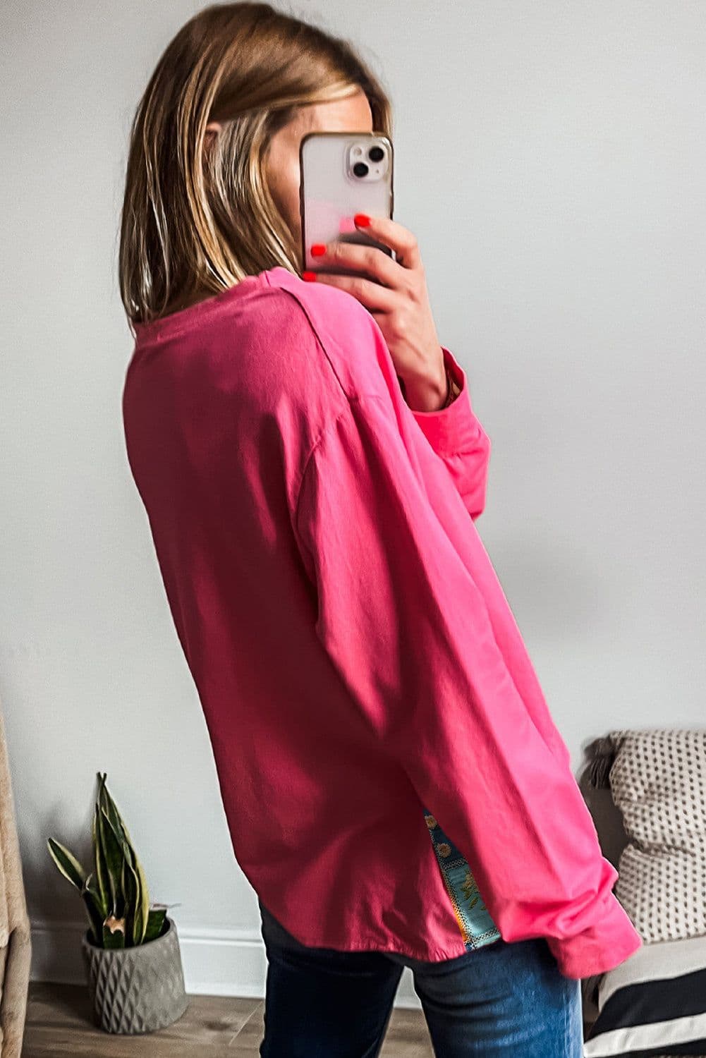 image-Floral Patchwork Round Neck Casual Top - Strawberry Pink