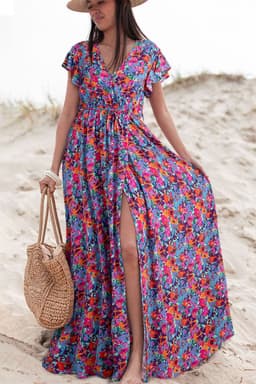 image-Blue Floral V Neck Wrap Split Maxi Dress
