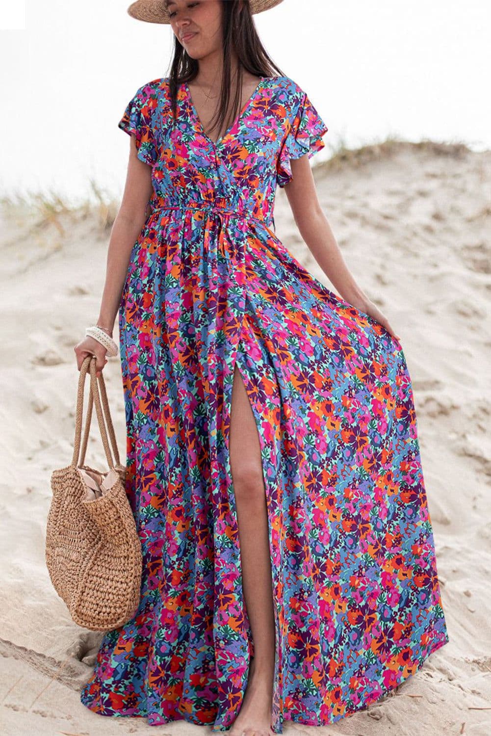 image-Blue Floral V Neck Wrap Split Maxi Dress