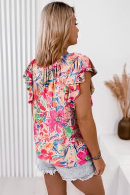 image-Multicolour Floral Ruffled Sleeve V Neck Blouse (50 characters)