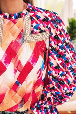 image-Rose Red Geometric Patchwork Puff Sleeve Blouse