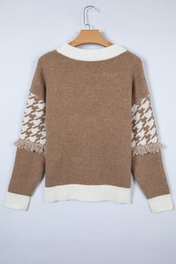 image-Khaki Houndstooth Color Block V Neck Raw Edge Button Front Cardigan