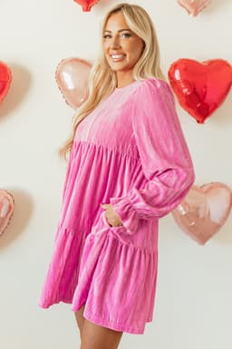 image-Strawberry Pink Velvet Ruffled Tiered Mini Dress - Flounce Sleeves