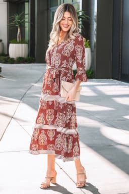 image-Brown Floral Maxi Dress - Belted Tiered Striped Trim