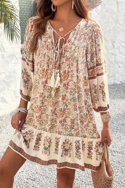 image-Floral Print Tassel Drawstring V Neck Mini Dress - Loose Fit