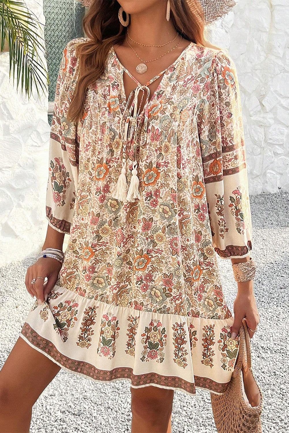 image-Floral Print Tassel Drawstring V Neck Mini Dress - Loose Fit