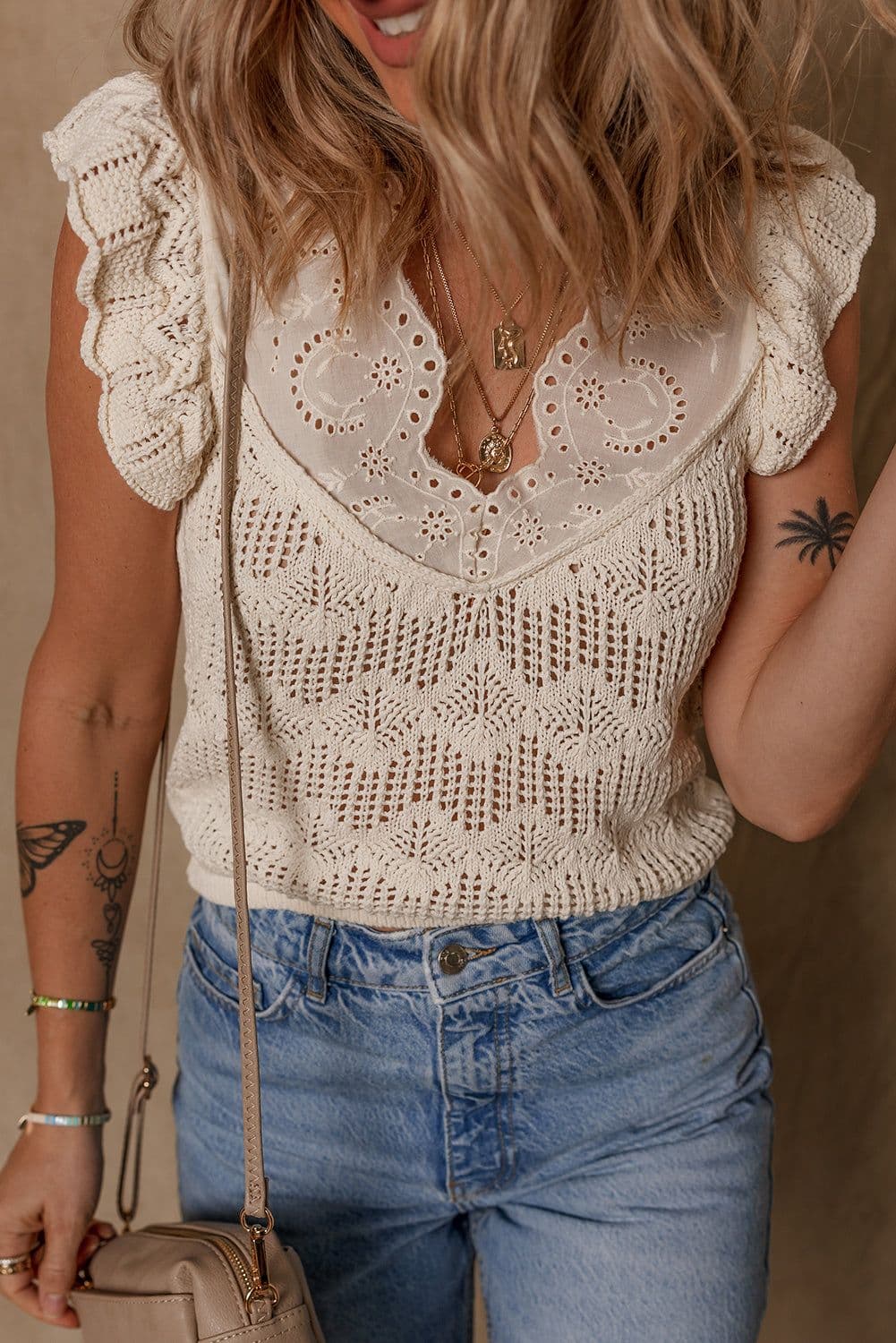 image-Beige Embroidered Patchwork Knitted Vest - Hollow Out
