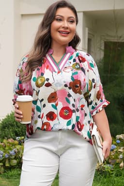 image-Pink V Neck Puff Sleeve Plus Size Floral Blouse