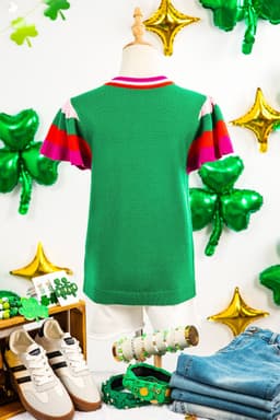 image-Bright Green Shiny Lucky Striped Flutter Sleeve Round Neck Sweater