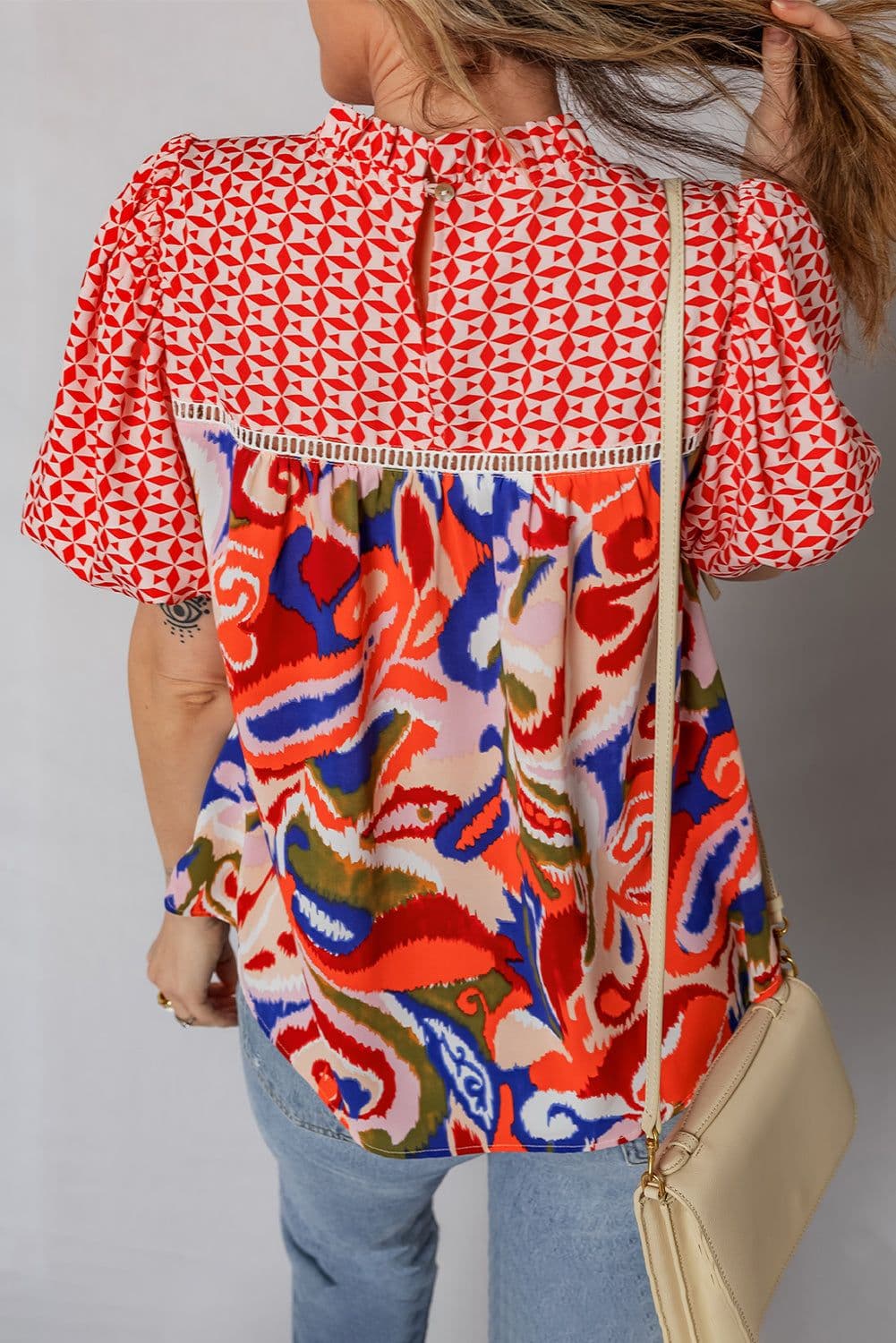 image-Red Paisley Geometric Patchwork Puff Sleeve Blouse