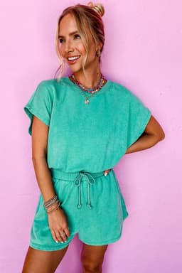 image-Sea Green Mineral Wash Drawstring Elastic Waistband Hollow Out Back Short Sleeve Romper
