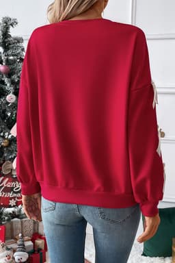 image-Fiery Red Contrast Bow Crewneck Sweatshirt - Dropped Sleeve, XL Size