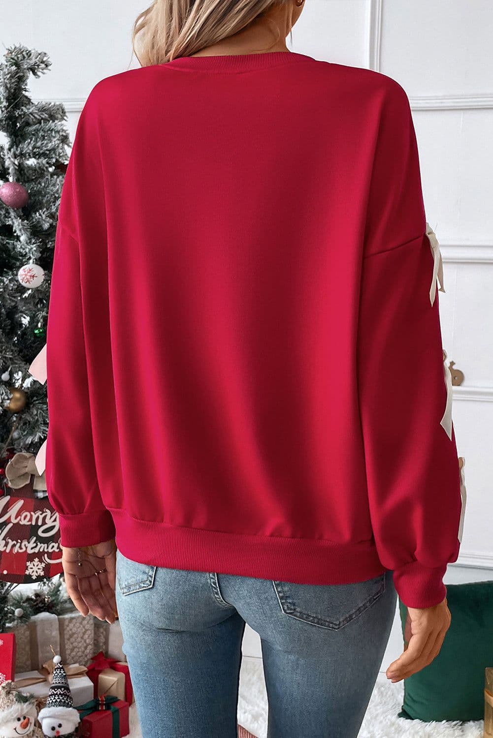 image-Fiery Red Contrast Bow Crewneck Sweatshirt - Dropped Sleeve, XL Size