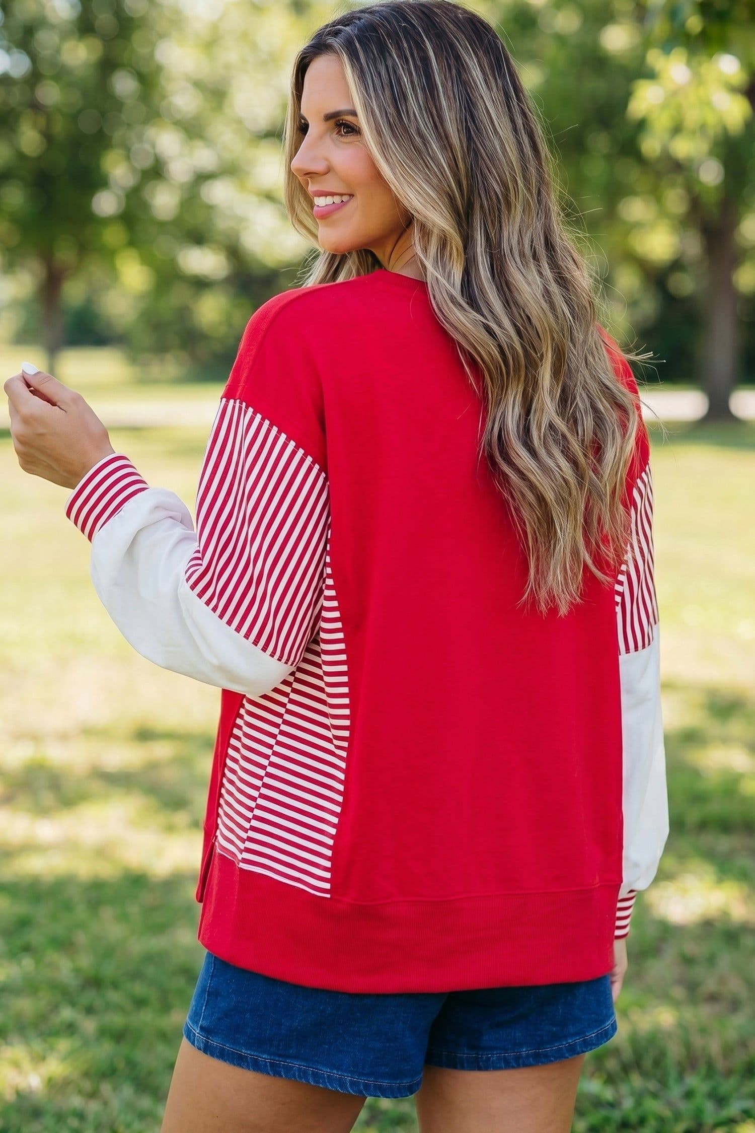 image-Fiery Red Striped Patchwork Sweatshirt