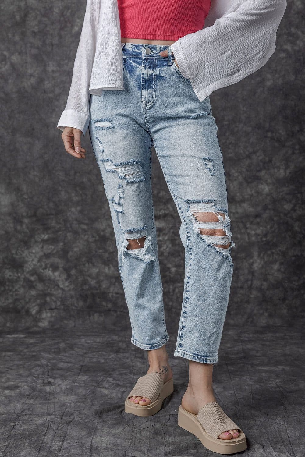 image-Sky Blue Light Wash Frayed Slim Fit High Waist Jeans