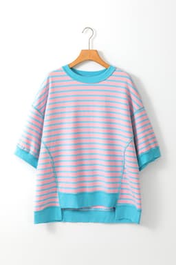 image-Pink Stripe Oversized Contrast Trim Exposed Seam High Low T Shirt