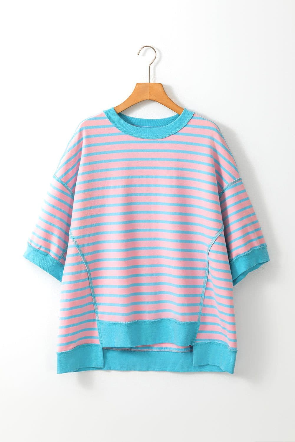 image-Pink Stripe Oversized Contrast Trim Exposed Seam High Low T Shirt