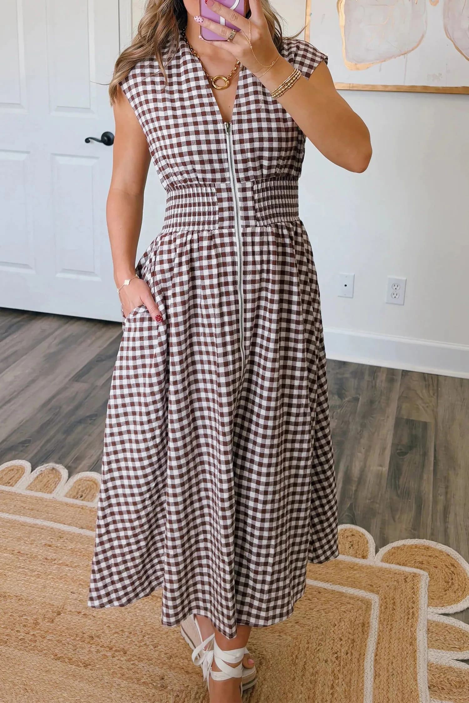 image-Coffee Plaid Print Full Zipper Cinched Waist Fit Flare Sleeveless Maxi Dress