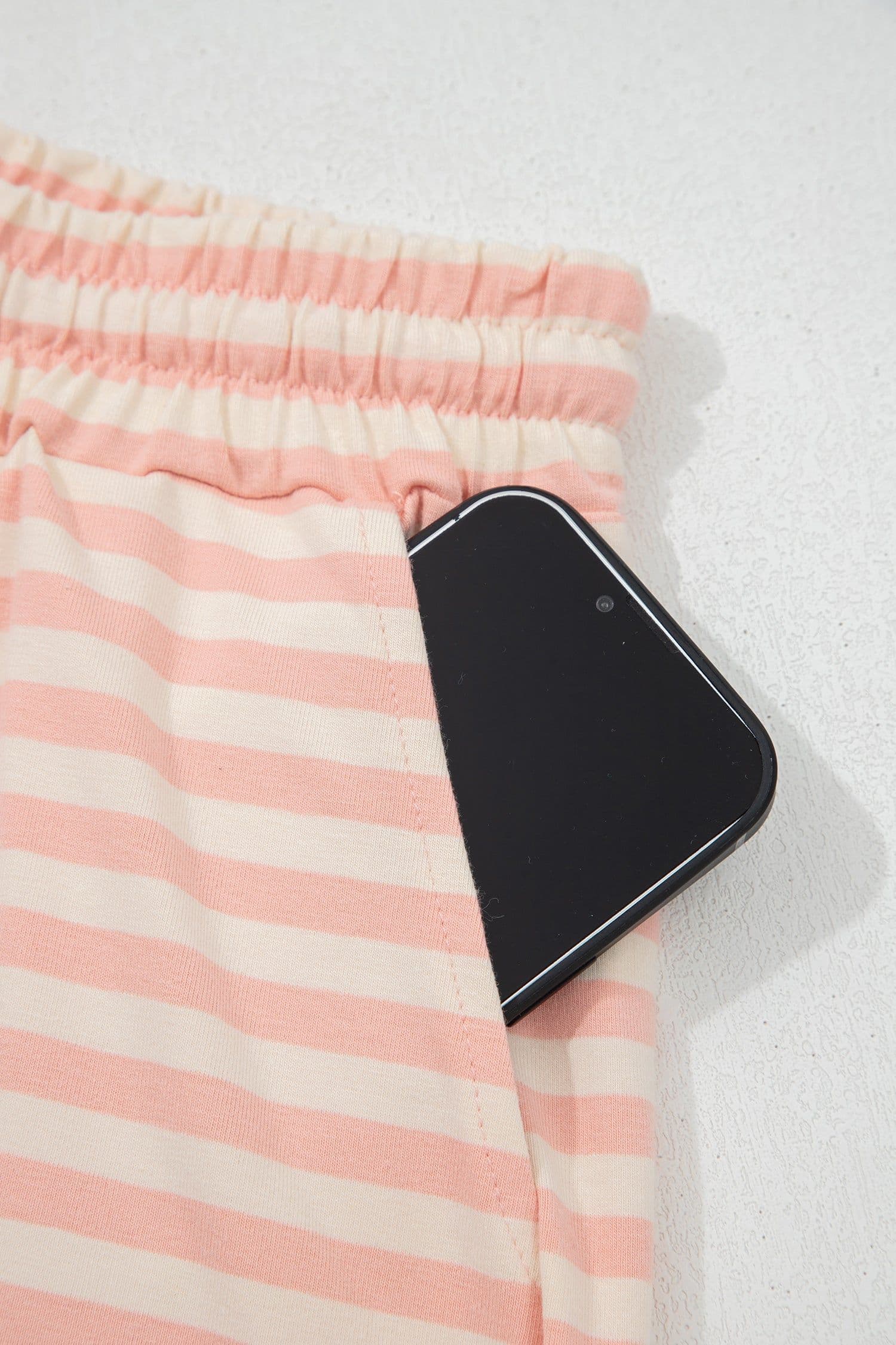 image-Pink Stripe Contrast Neck Loose Tee and Drawstring Shorts Set