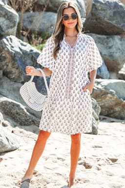 image-Pink Floral Print Bubble Sleeve Neck Tie Ruffled Dress