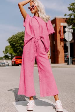 image-Strawberry Pink Textured Loose Fit T Shirt and Drawstring Pants Set