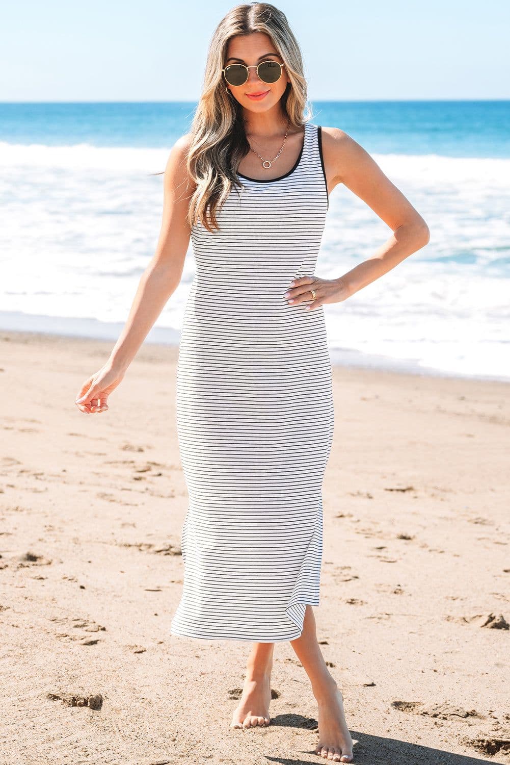 image-White Stripe Criss Cross Midi Dress Sleeveless