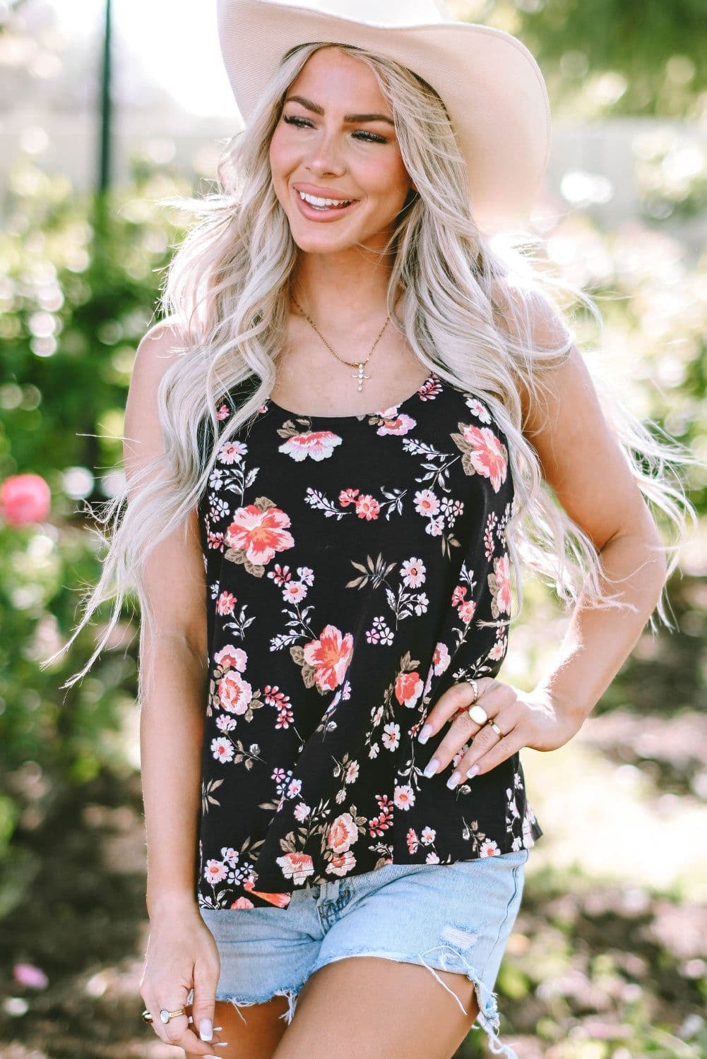 image-Black Floral Spaghetti Straps Strappy Back Tank Top