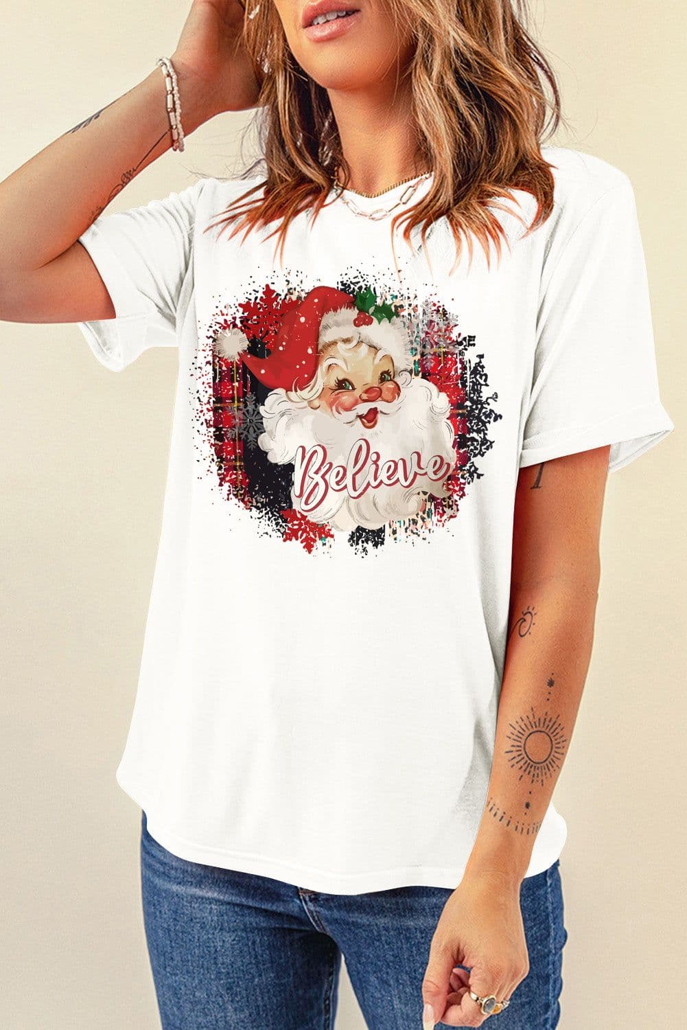 image-White Believe Christmas Father Graphic Crewneck T Shirt