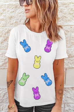 image-White Sequin Bow Bunny Doll Patched Easter Graphic Tee