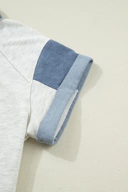 image-Light Grey Denim Color Block Patchwork Shirt Collar Short Sleeve Blouse