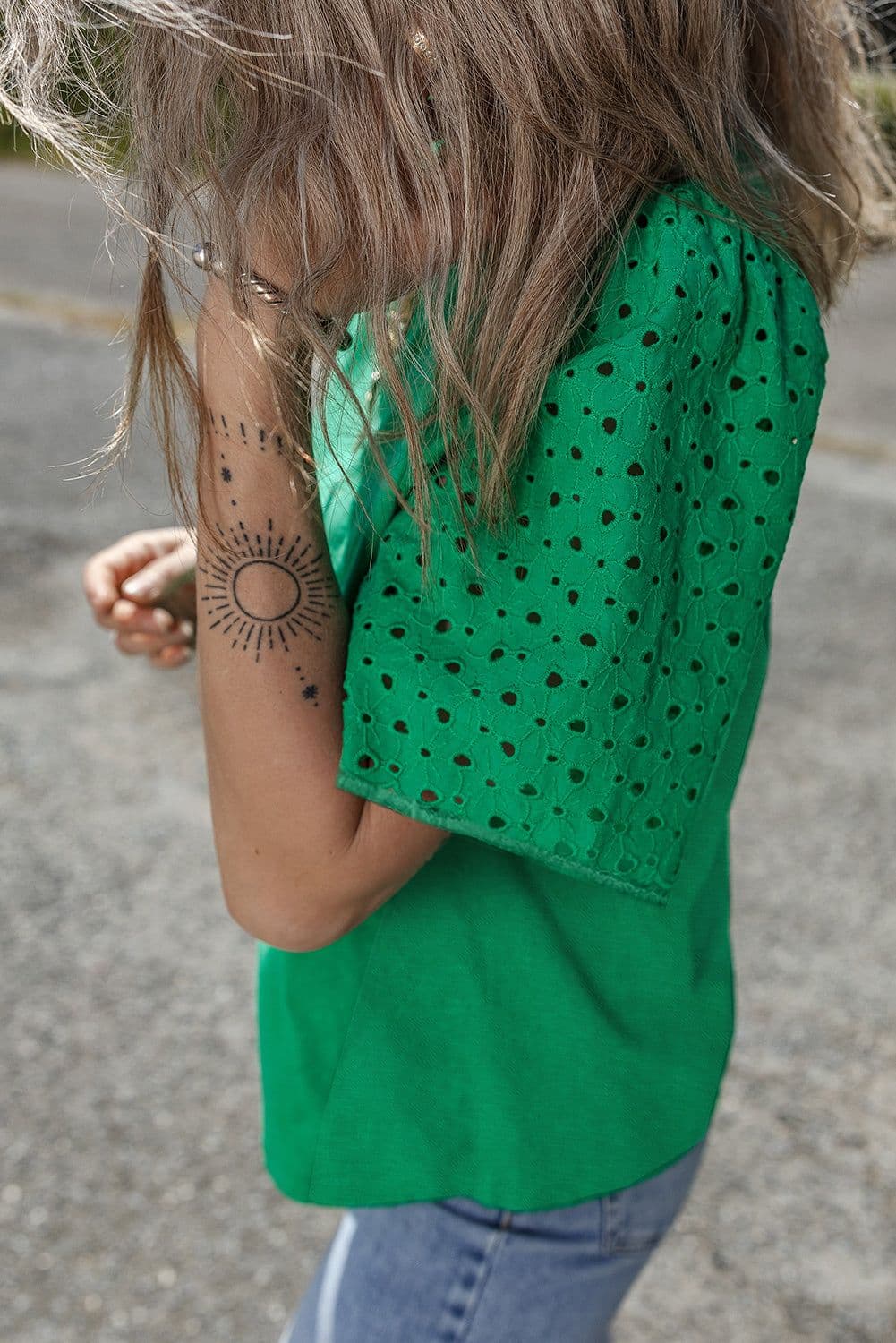 image-Bright Green Eyelet Embroidered Patchwork Shift Top