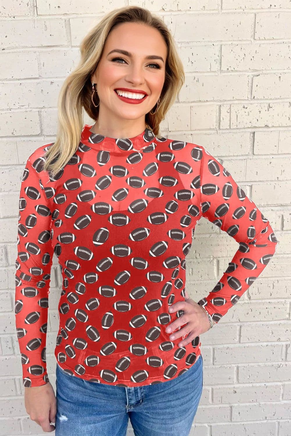 image-Brown Rugby Game Day Sheer Mesh Long Sleeve Top