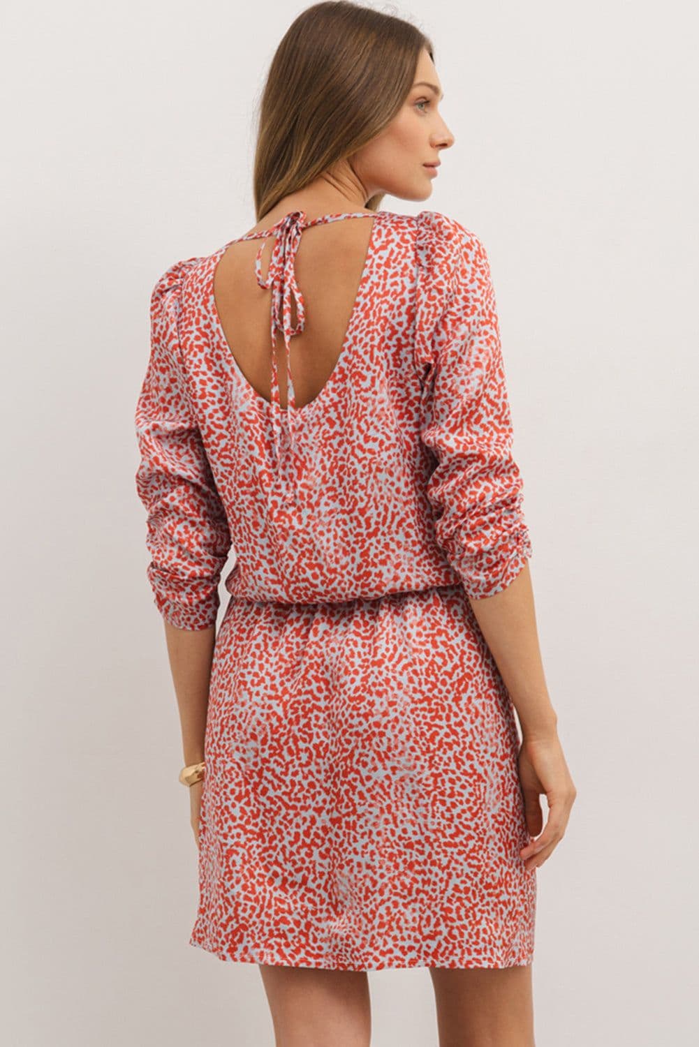 image-Leopard Print Long Sleeve Hollowed Back Mini Dress - Tomato Red