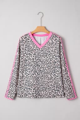 image-Khaki Leopard Print Contrast V Neck Varsity Stripe Detail Long Sleeve Top