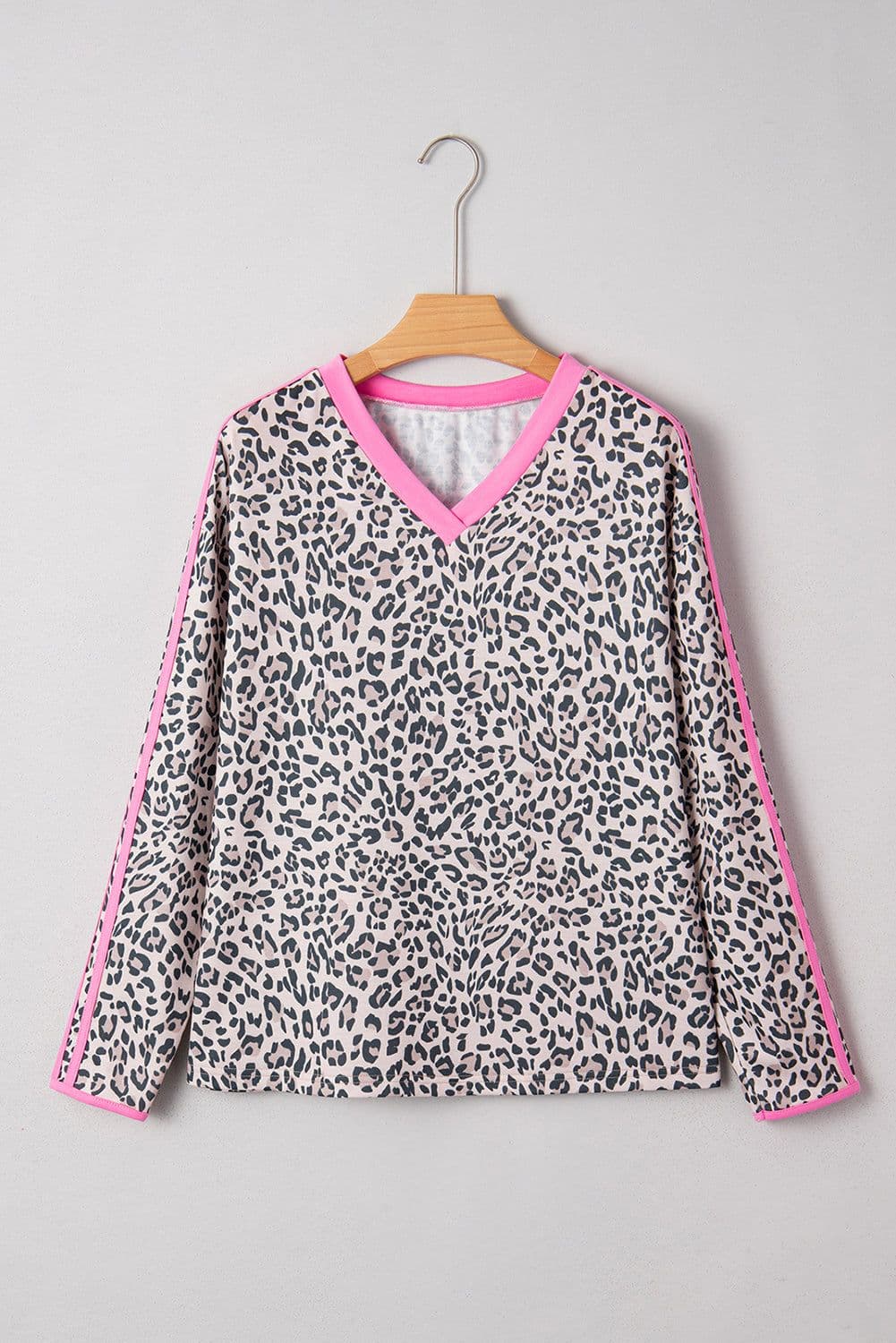 image-Khaki Leopard Print Contrast V Neck Varsity Stripe Detail Long Sleeve Top