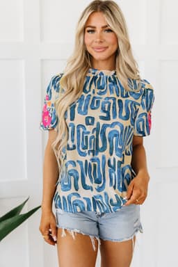 image-Beige Embroidered Puff Sleeve Top with Frilled Neck (54 characters)