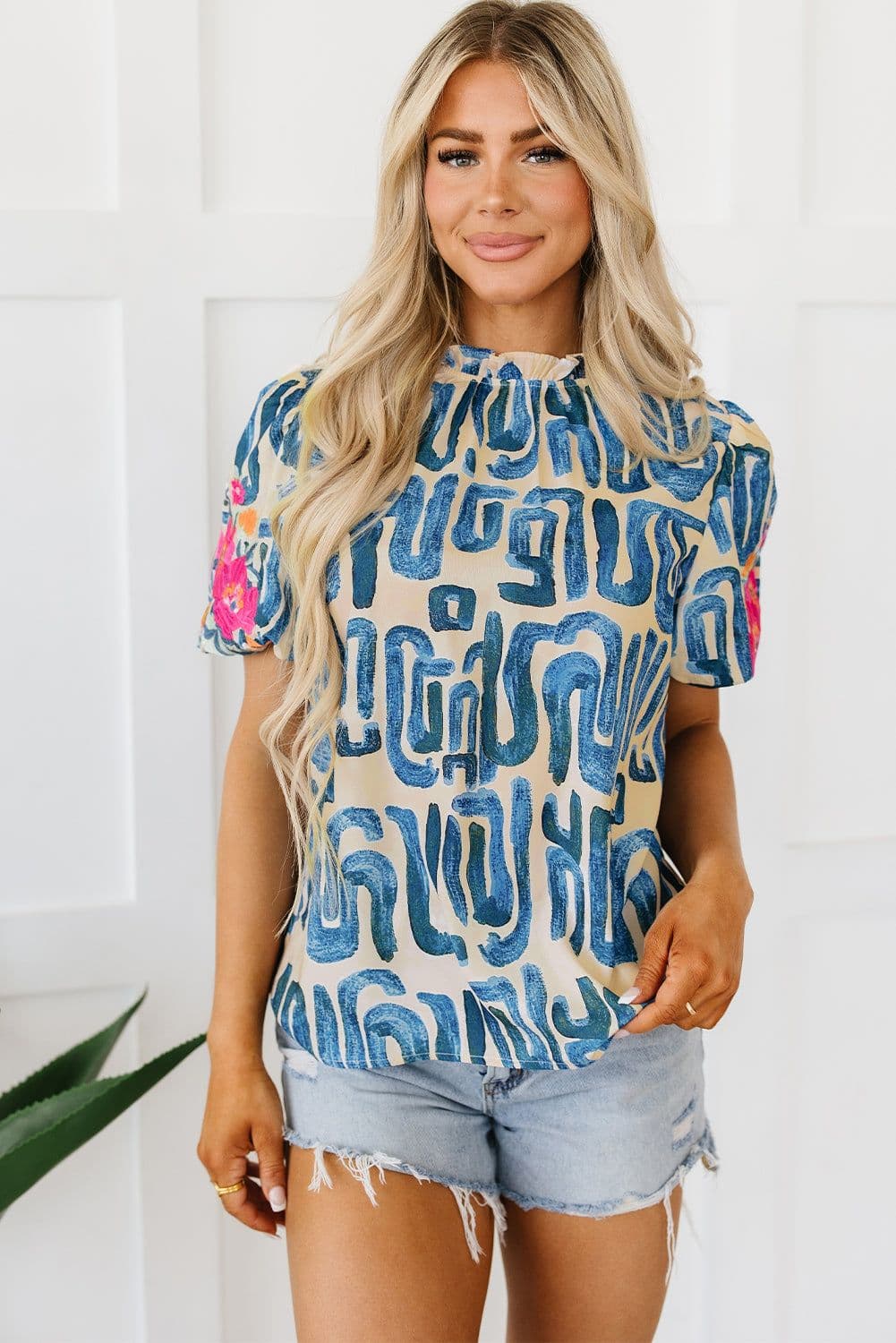 image-Beige Embroidered Puff Sleeve Top with Frilled Neck (54 characters)