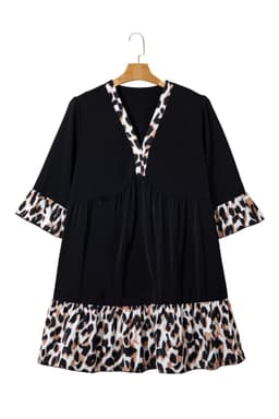 image-Black Plus Size Leopard Patchwork V-Neck Dress