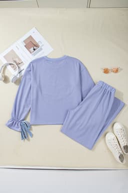 image-Beau Blue Flounce Long Sleeve Top Drawstring Pants Contrast Velvet Bow Knot 2pcs Lounge Set