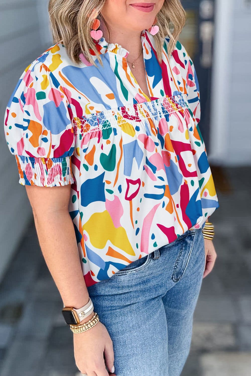 image-White Abstract Print Puff Sleeve Blouse - Plus Size