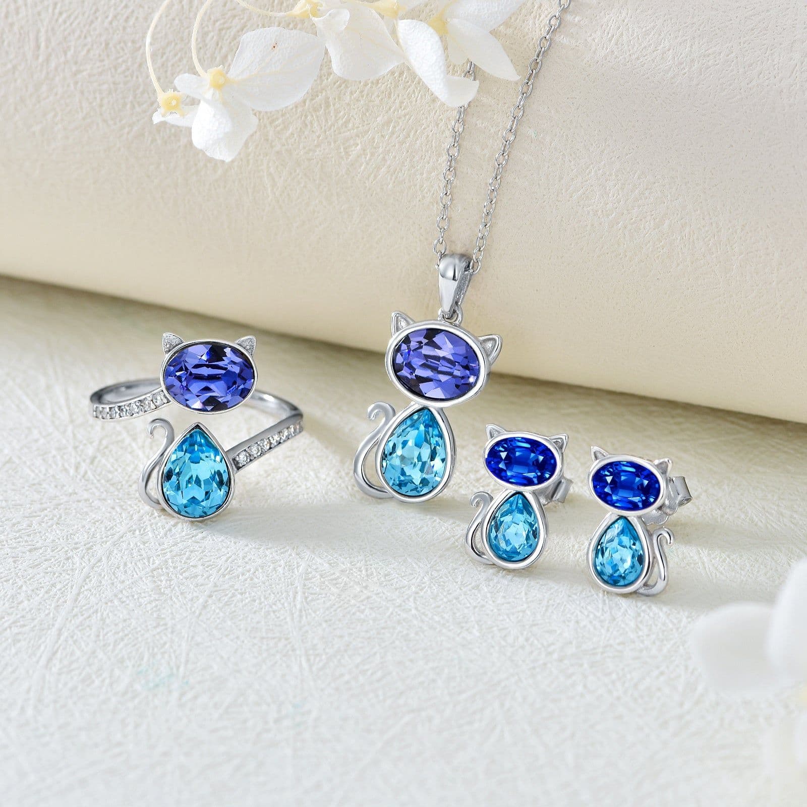 image-Cat Necklace with Crystal from Austria in White Gold Plated Sterling Silver
